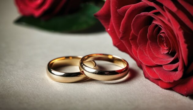  two gold wedding rings sitting next to a rose on a white surface with a red rose in the middle of the picture and a red rose in the foreground.