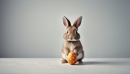  a brown rabbit sitting on top of a table next to an orange and white polka dot easter egg in front of it's face, on a gray background. - obrazy, fototapety, plakaty