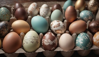  a bunch of different colored eggs in a carton with a pattern on the side of each egg, all of which are brown, blue, green, brown, and white.