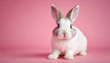  a small white rabbit sitting on top of a pink surface in front of a pink background with a surprised look on it's face as if it's eyes.