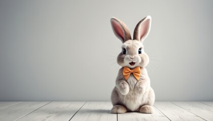 a rabbit with a bow tie sitting in front of a gray background with a wooden floor in the foreground and a gray wall in the background with a wooden floor.