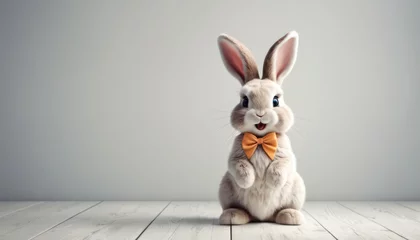 Fotobehang  a rabbit with a bow tie sitting in front of a gray background with a wooden floor in the foreground and a gray wall in the background with a wooden floor. © Jevjenijs