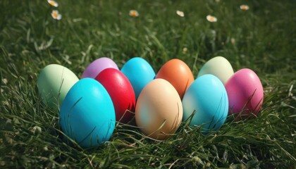  a row of colored eggs sitting on top of a lush green grass covered field with daisies in the background, with a row of colored eggs sitting in the middle of the grass.