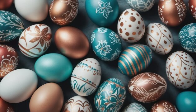  a close up of a bunch of different colored easter eggs with designs on them, all of which have been painted with gold, blue, white, and brown.