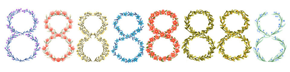 Isolated design for womens day. Number 8. 8 march collection for greeting card. Botanical illustration. Hand drawn clipart