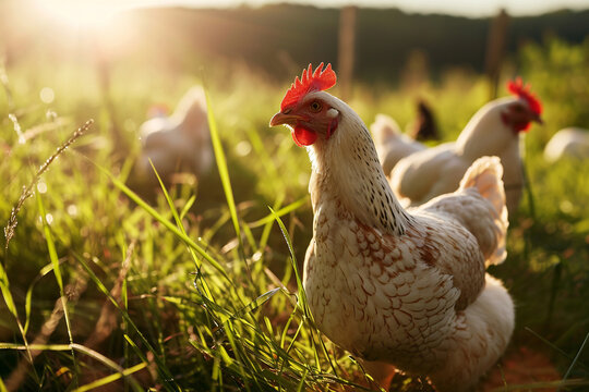 Chickens running free on farm, happy animals welfare and free range poultry. Generative AI
