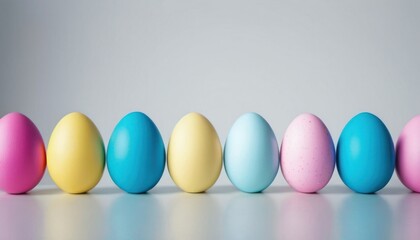  a row of colored eggs sitting in a row on a table next to each other on top of a white table with a gray wall in the background and a gray background.