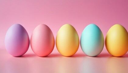  a row of colorful eggs sitting on top of a pink and blue surface with one egg in the middle of the row and one egg in the middle of the row.