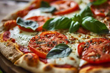 Fotobehang Fresh pizza with basil, cheese and tamato sauce, close up view. Generative AI © marcin jucha