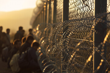  Queue of refugees along a high border fence with berbed wire. Imigration crisis. War and climate change. Generative AI - obrazy, fototapety, plakaty