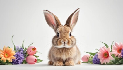 Fototapeta na wymiar a rabbit sitting in front of a bunch of flowers with a white background and a pink and orange flower arrangement in the foreground with pink and orange flowers in the foreground.