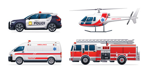 Set of emergency vehicles. Police car, fire truck, ambulance car and helicopter. Official emergency service vehicles side view vector illustration