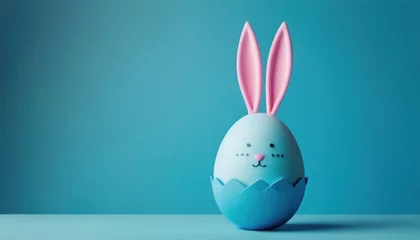 Fotobehang  a blue easter egg with a pink bunny's face sticking out of it's egg shell on a blue surface with a blue background with a blue background. © Jevjenijs