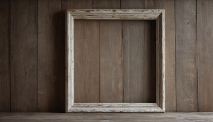  a picture frame sitting on a wooden floor in front of a wall made of wood planks with a wooden floor below it and a wall made of wood planks.