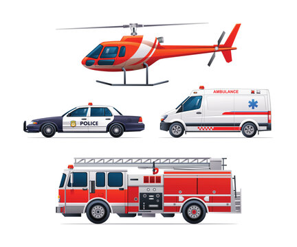 Set of emergency vehicles. Police car, ambulance, fire truck and helicopter. Official emergency service vehicles side view vector illustration
