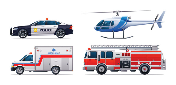 Emergency vehicle set. Police car, fire truck, ambulance and helicopter. Official emergency service vehicles side view vector illustration