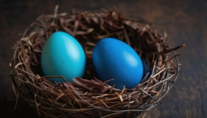 two blue eggs sitting in a nest on top of a wooden table next to another blue egg in the center of the nest on top of a dark wood table.