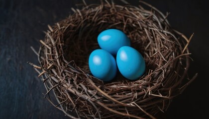 Naklejka na ściany i meble three blue eggs in a bird's nest on a black background, with one blue egg in the middle of the nest and one blue egg in the middle of the nest.