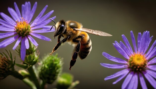  a close up of a bee on a flower with purple flowers in the foreground and in the background, there is a blurry image of a blurry background.