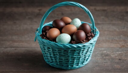  a basket filled with brown and white eggs on top of a wooden table next to a blue basket with brown and white eggs on top of a wooden table top.