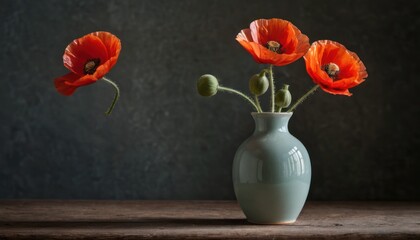  a vase with three red flowers in it on a table next to a gray wall and a wooden table with a blue vase with three red flowers in it on it.