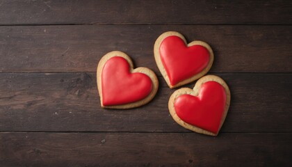  three heart shaped cookies sitting on top of a wooden table next to a cup of coffee and a cup of coffee on the side of the table are decorated with red icing.