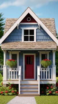 Beat simple blue gabled house with front porch picture AI generated art