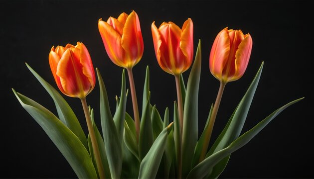  a bunch of orange tulips in a vase on a black background with a black back dropping in the middle of the picture and a black back drop of the picture.