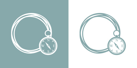 Logo Nautical. Marco circular con líneas con silueta de brújula de bolsillo simple - obrazy, fototapety, plakaty