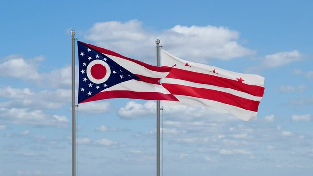 District of Columbia or Washington D.C. and Ohio US state flags waving together on cloudy sky, endless seamless loop