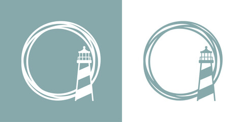 Logo Nautical. Marco circular con líneas con silueta de torre marítima en puerto. Faro de luz