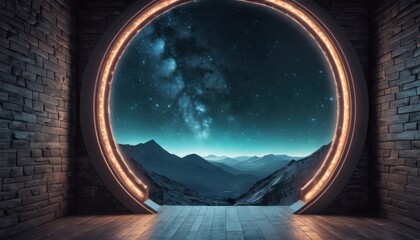  a view of a mountain range through a round window with a view of the night sky and stars in the sky, with a wooden floor in the foreground.