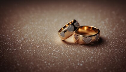  a couple of wedding rings sitting on top of each other on top of a glittery surface with small hearts on the inside of the rings and on the outside of the inside of the ring.