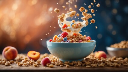 Vibrant, dynamic image of the exact moment milk and cereal spill into a bowl filled with crunchy cereal and fresh fruits. The blue background highlights the bright colors of the ingredients - obrazy, fototapety, plakaty