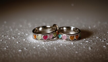  a close up of two wedding rings with hearts on them on a white surface with small drops of water on the bottom of the rings and on the bottom of the rings.