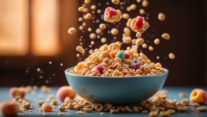 Vibrant, dynamic image captures the exact moment milk and cereal spill into a bowl filled with crunchy cereal and fresh fruits. The background highlights the ingredients, creating an appetizing scene
