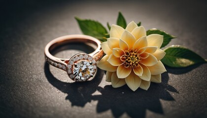  a close up of a flower and a ring on a table with a flower on the side of the ring and a single flower on the other side of the ring.
