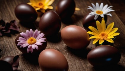 Fototapeta na wymiar a group of chocolate eggs sitting on top of a wooden table with daisies and daisies in the middle of the eggs and flowers in the middle of the eggs.