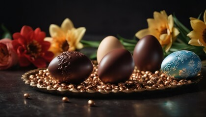  a group of chocolate eggs sitting on top of a table next to a bunch of tulips and daffodils in front of a black background with yellow and red flowers.