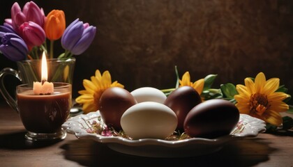  a table topped with a plate of eggs next to a cup of coffee and a vase of tulips and an egg on a plate next to a candle.