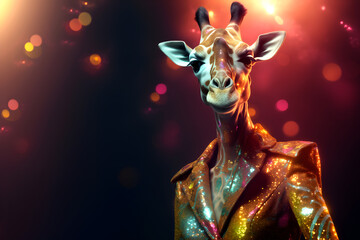 Creative animal concept. Giraffe in disco neon glitter glam shiny glow sequin outfit, copy text space. commercial, editorial advertisement party invitation invite, surreal surrealism	
