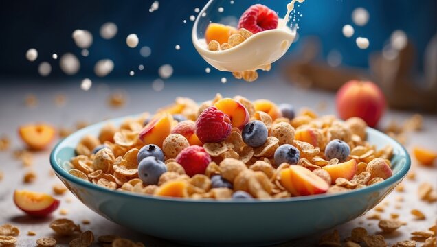 Vibrant, dynamic image of the exact moment milk and cereal spill into a bowl filled with crunchy cereal and fresh fruits. The blue background highlights the bright colors of the ingredients