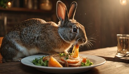  a rabbit eating food from a plate on a table next to a glass of water and a glass of water on a table with a knife and fork on it.