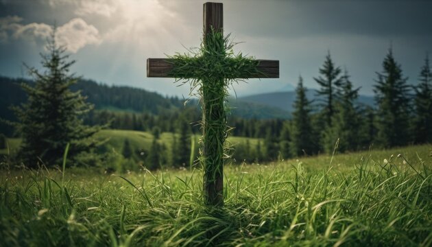  a cross in the middle of a field with trees in the background and a sunburst in the middle of the sky in the middle of the middle of the picture.