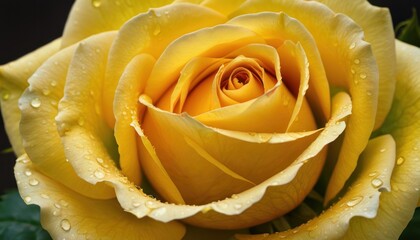  a close up view of a yellow rose with drops of water on it's petals and the center of the flower, with green leaves and water droplets on the petals.