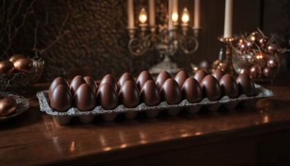  a row of chocolate eggs sitting on top of an egg carton on a wooden table next to a bowl of chocolate eggs and a chandelier in the background.
