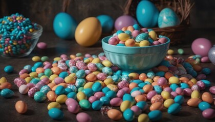  a bowl filled with lots of candy next to a bowl of eggs and a basket of easter eggs on a table with other candies and eggs in the background.