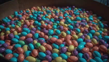  a pan filled with lots of candy covered in blue, pink, yellow and green sprinkles on top of a counter top of some kind of a table.