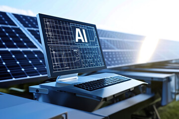 Text AI displayed on computer control panel screen, many solar panels in the background.