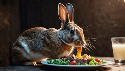  a rabbit eating food from a plate on a table next to a glass of milk and a glass of milk and a glass of milkshake on a table.